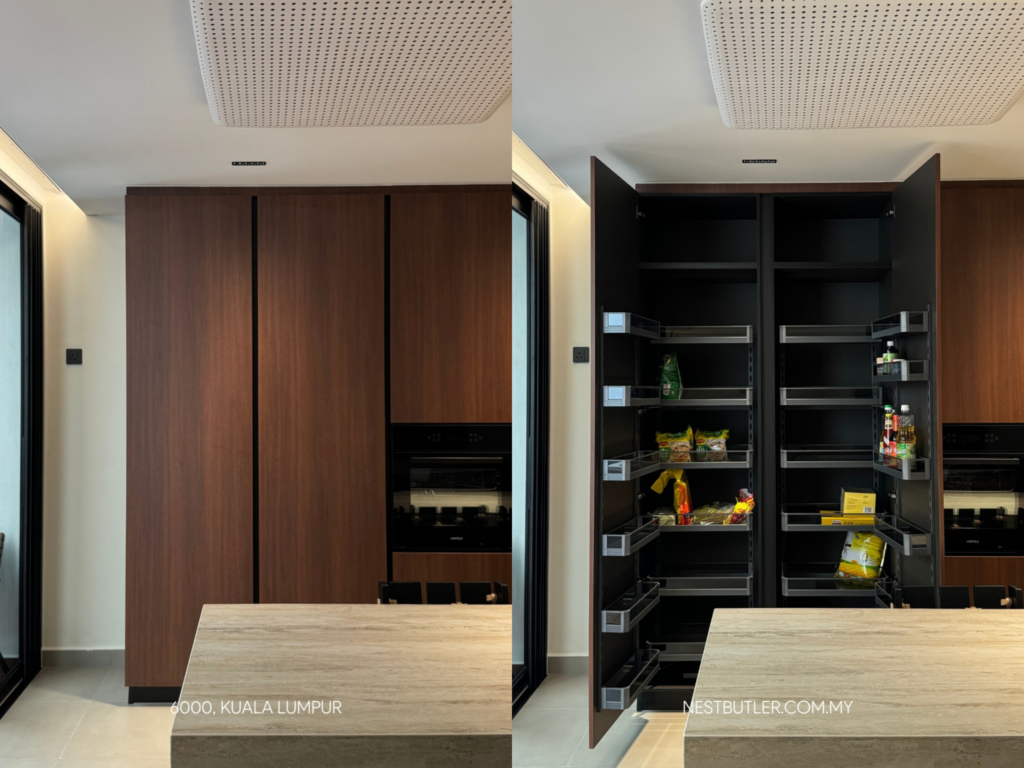 Before-and-after view of a Kuala Lumpur kitchen showing tall wood cabinetry closed on the left and opened on the right to reveal a full-height pull-out pantry with metal shelves and groceries behind concealed doors.