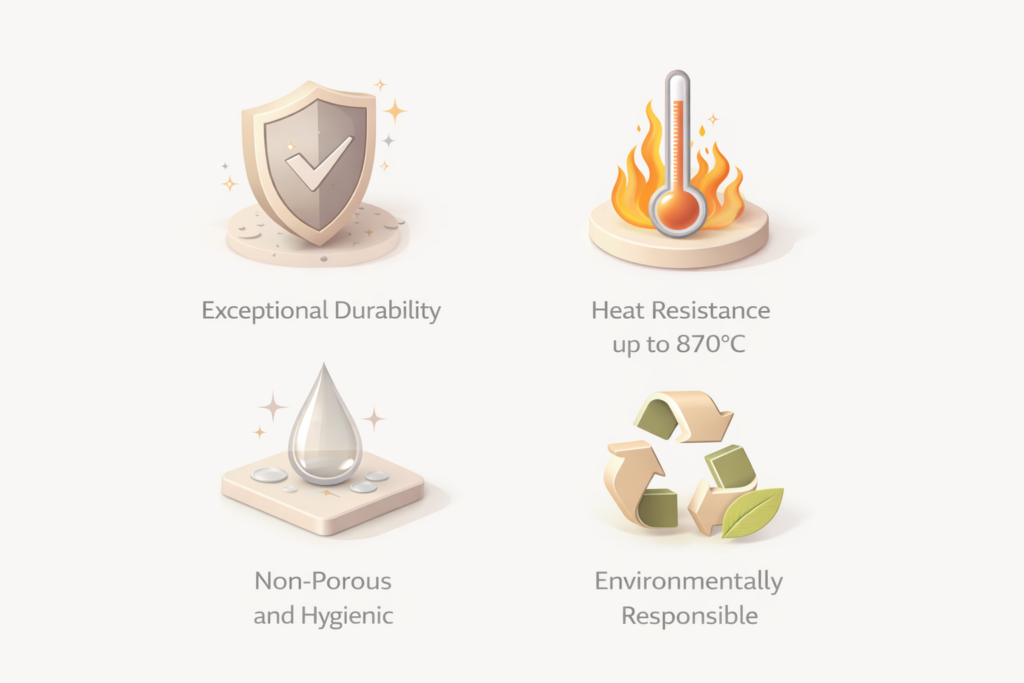 Infographic with four 3D icons in a 2x2 grid showing stainless steel benefits: exceptional durability, heat resistance up to 870°C, non-porous and hygienic surface, and environmentally responsible material.