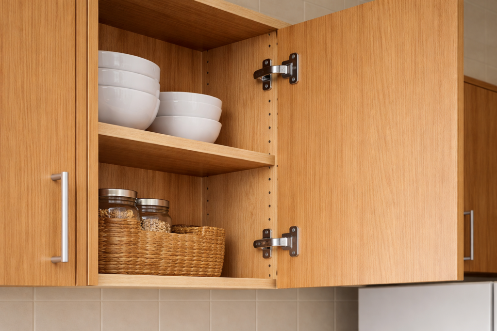 Close-up of an open kitchen wall cabinet showing plywood interior panels, shelves with white bowls, and a woven basket with glass jars.