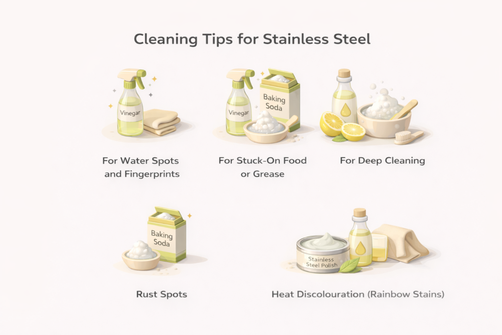 Infographic titled ‘Cleaning Tips for Stainless Steel’ showing five cleaning cases with icons: water spots and fingerprints, stuck-on food or grease, deep cleaning, rust spots, and heat discolouration (rainbow stains).