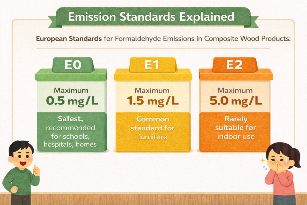 Infographic comparing formaldehyde emission standards for composite wood: E0 (max 0.5 mg/L), E1 (max 1.5 mg/L), and E2 (max 5.0 mg/L), with notes on suitability for indoor use.