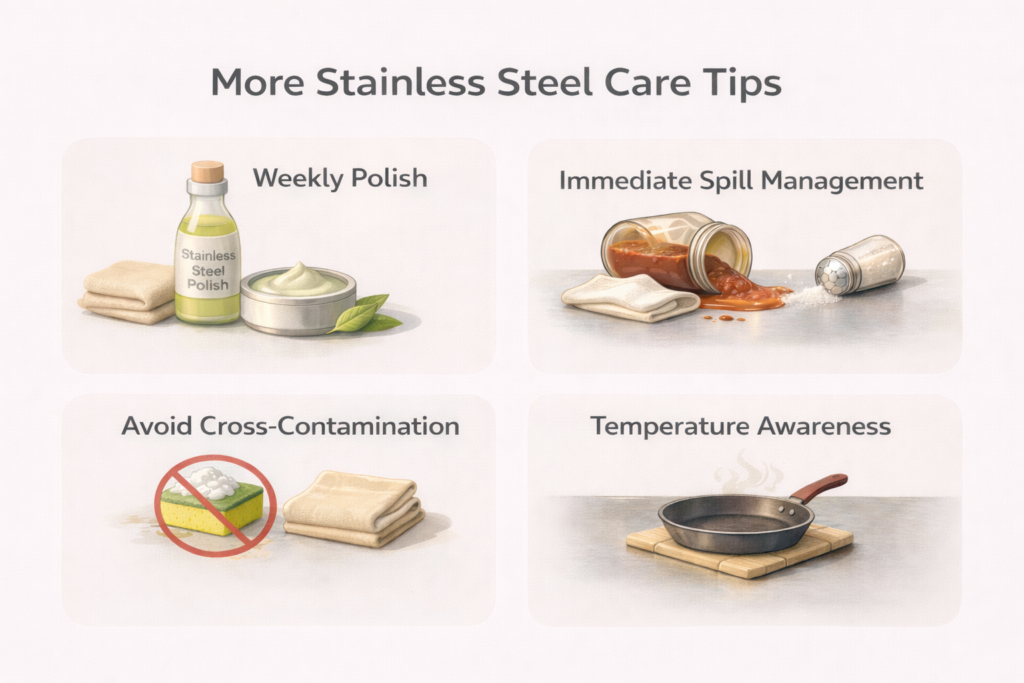 Infographic titled ‘More Stainless Steel Care Tips’ with four illustrated tiles showing: Weekly Polish, Immediate Spill Management, Avoid Cross-Contamination, and Temperature Awareness.