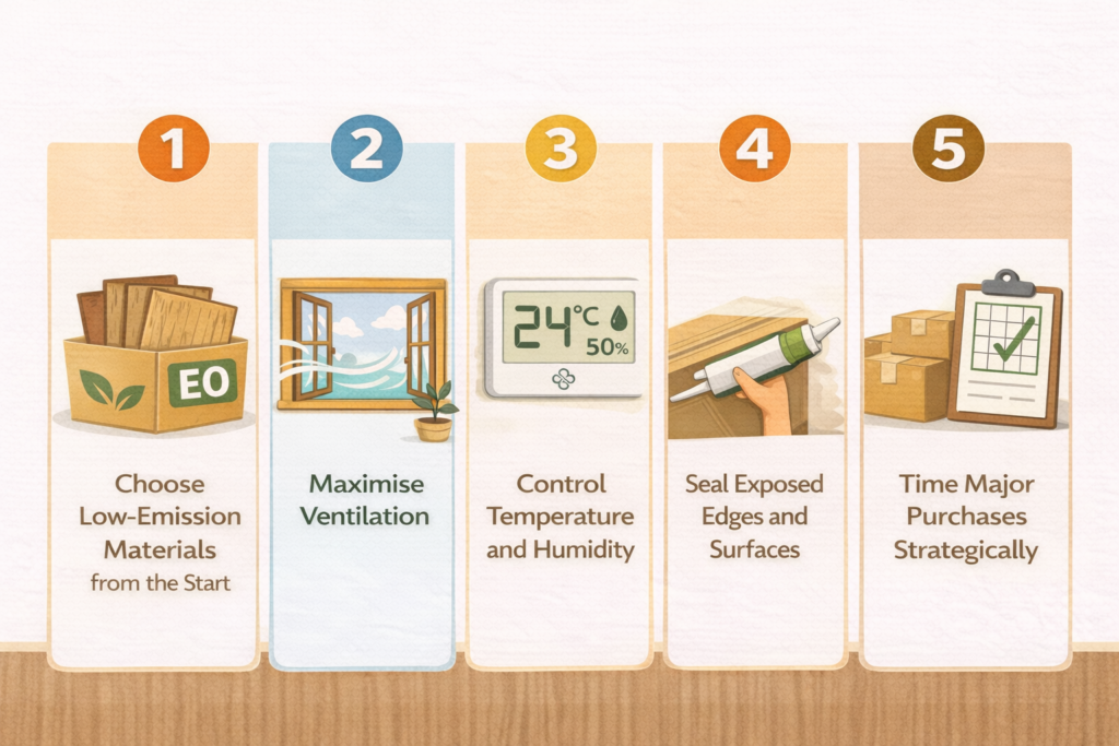 Horizontal infographic with five numbered tips to reduce formaldehyde exposure: choose low-emission materials, maximise ventilation, control temperature and humidity, seal exposed edges and surfaces, and time major purchases strategically.