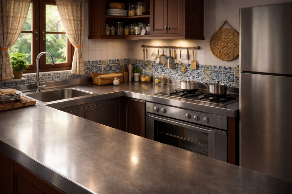 Classic Malaysian-style kitchen with warm wood cabinets and an L-shaped stainless steel countertop, featuring a sink under a window, blue patterned tile backsplash, and hanging utensils.