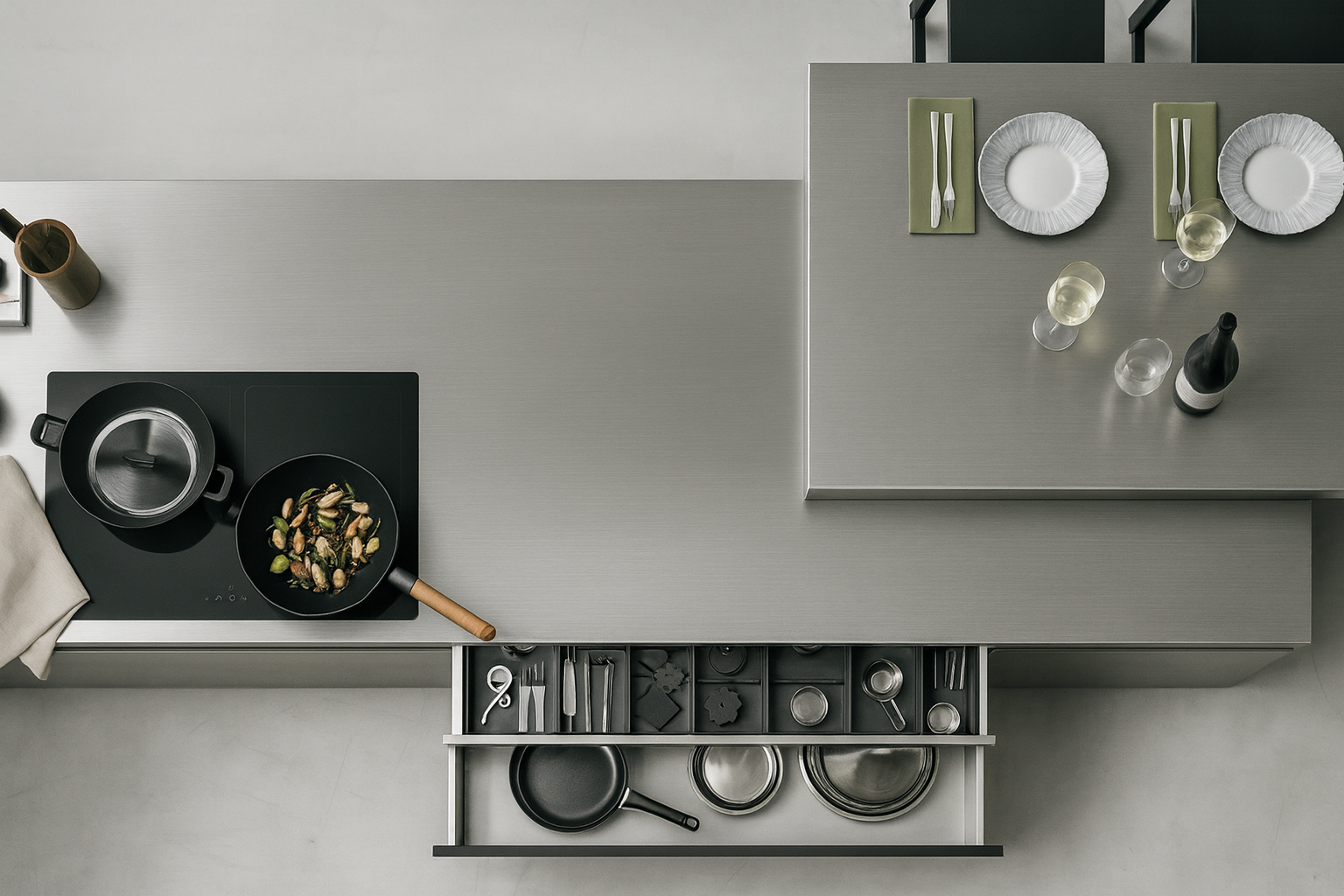 Top-down view of a stainless steel kitchen worktop with an induction hob, pot and pan, open organised drawer with cookware and utensils, and a dining setting with plates and wine glasses.