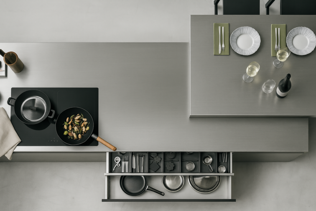 Top-down view of a stainless steel kitchen worktop with an induction hob, pot and pan, open organised drawer with cookware and utensils, and a dining setting with plates and wine glasses.