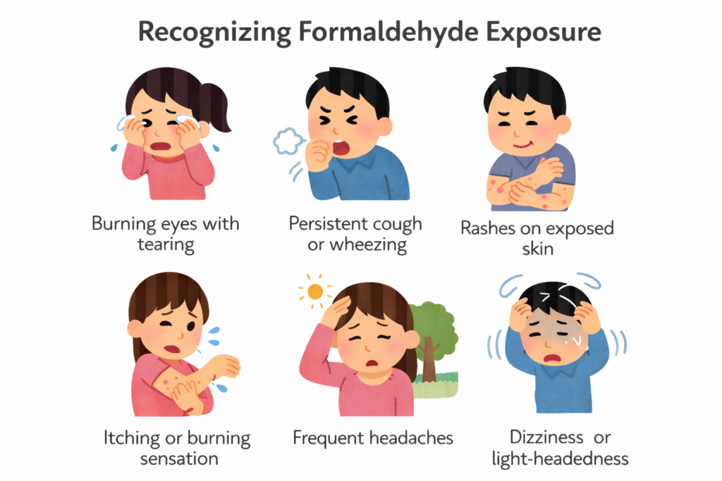 Infographic showing six common formaldehyde exposure symptoms: burning eyes with tearing, persistent cough or wheezing, rashes on exposed skin, itching or burning sensation, frequent headaches, and dizziness or light-headedness.