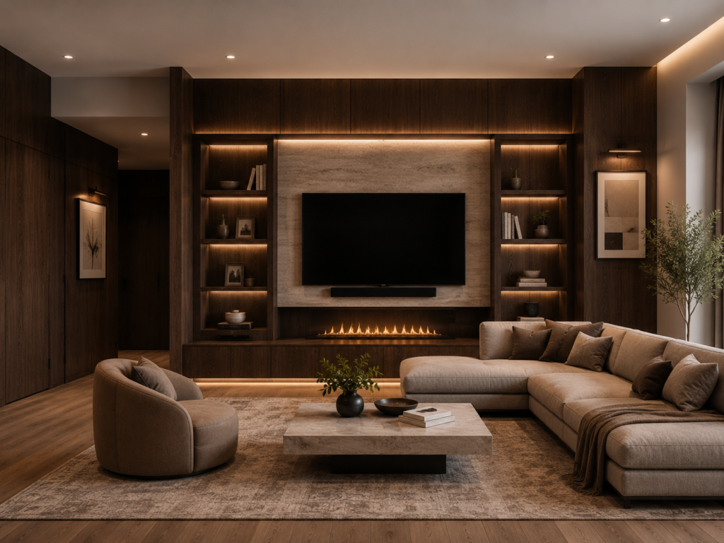 Warm modern living room with dark wood feature wall, built-in TV cabinet, fireplace, display shelves, and beige sectional sofa.