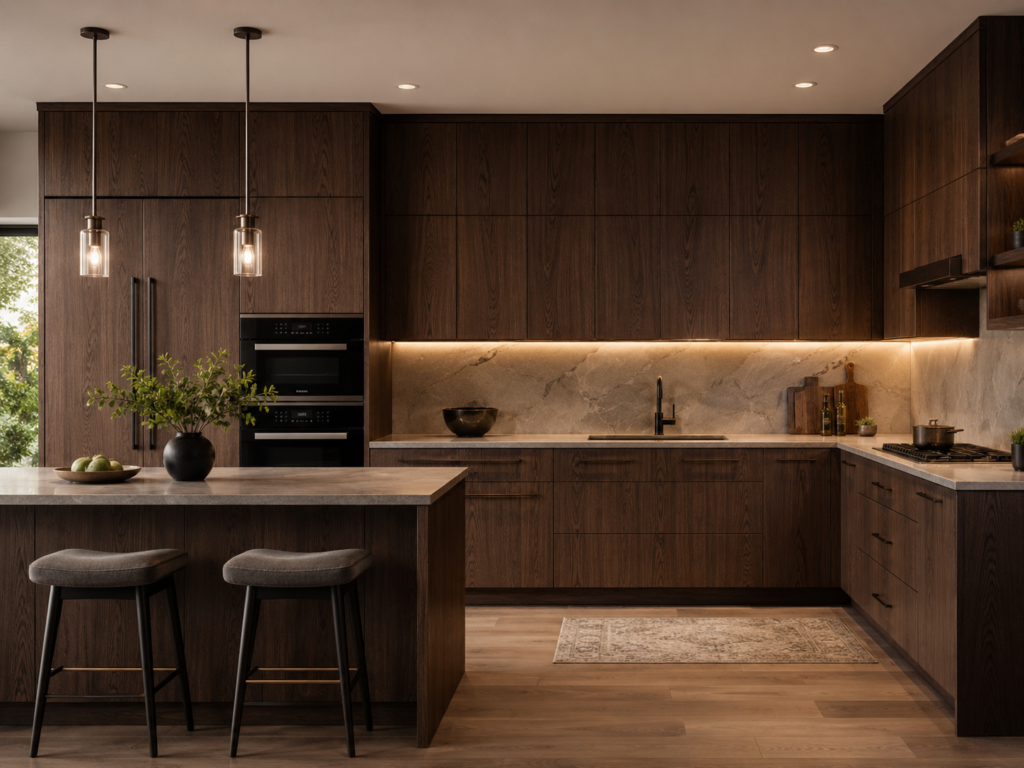 Dark wood kitchen cabinetry with marble backsplash, island seating, pendant lights, and warm under-cabinet lighting.