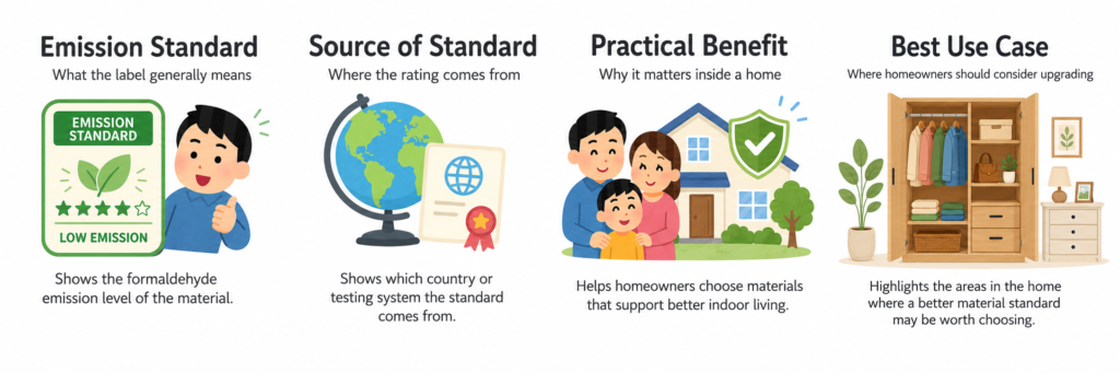 Infographic for E0, Super E0, and F4 Stars cabinet materials, explaining comparison by emission level, standard origin, practical benefit, and best use case.