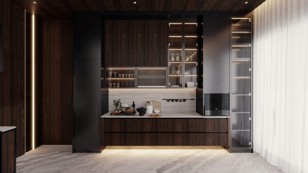 Dark wood modern plywood kitchen cabinetry with black accents, glass display shelves, marble backsplash, and soft LED lighting.