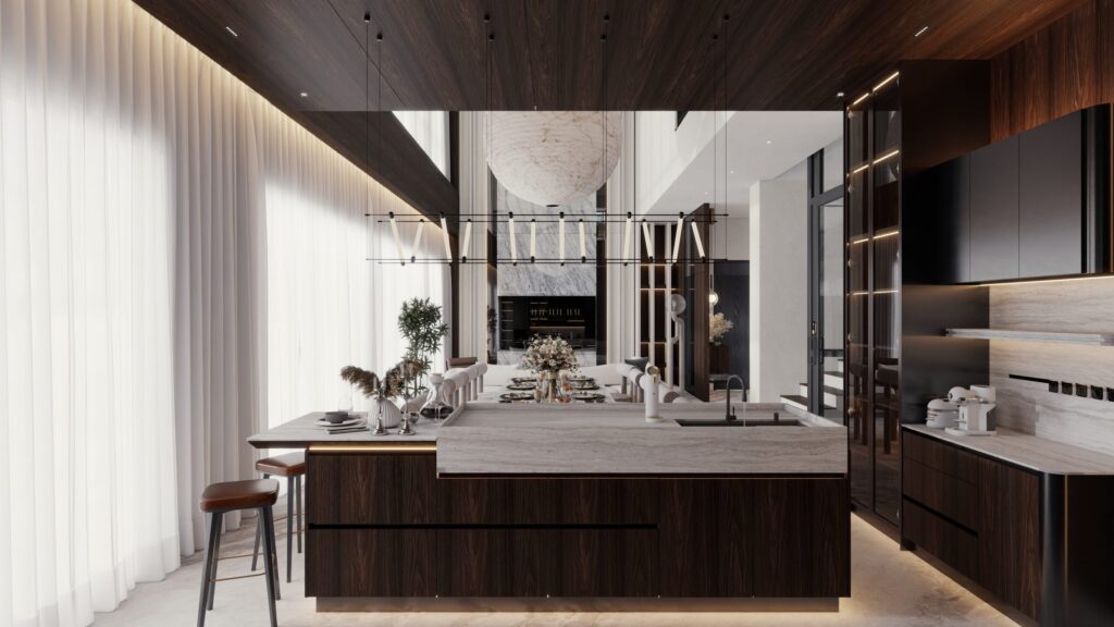 Luxury open-plan plywood kitchen with dark wood cabinetry, marble island, glass display units, and soft natural light.