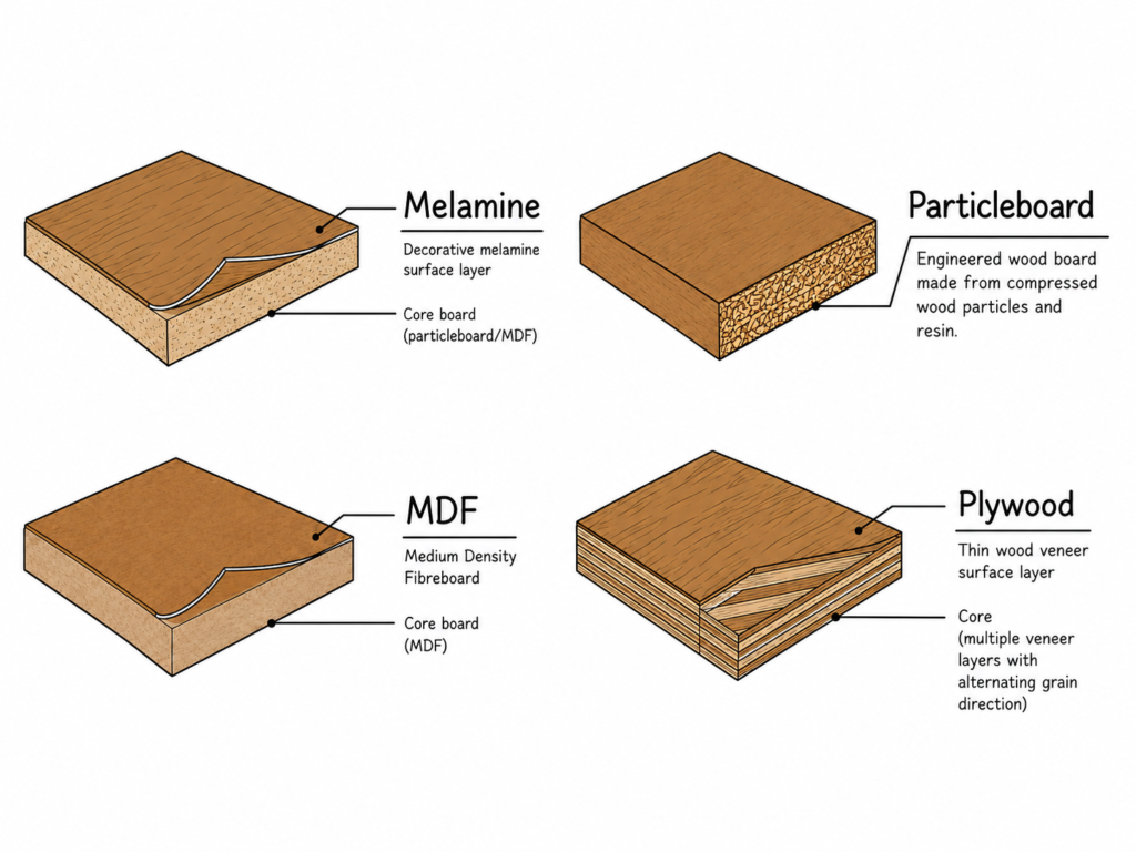 Infographic comparing common kitchen and cabinet wood materials, including melamine, particleboard, MDF, and plywood, with labelled layers and core structures.
