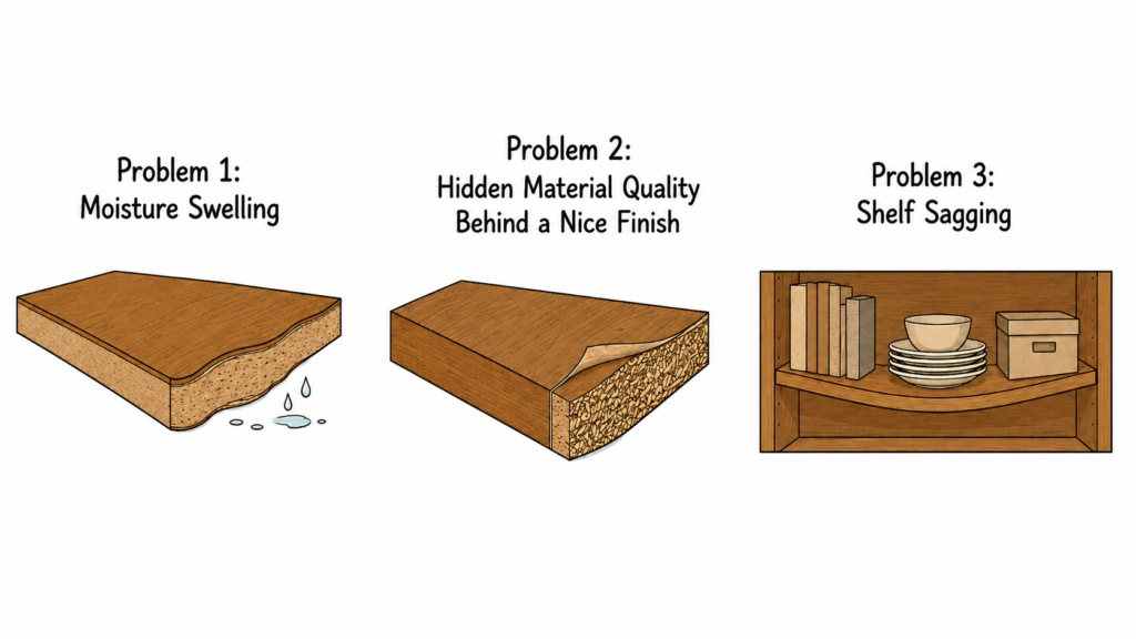Common lower-grade kitchen & other cabinet material problems infographic showing moisture swelling, hidden material quality, and shelf sagging.