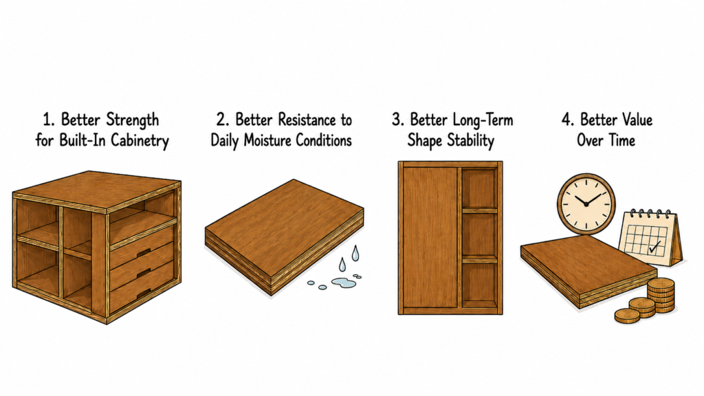 Plywood benefits infographic showing better strength, moisture resistance, long-term shape stability, and better value over time for kitchen & other cabinet.
