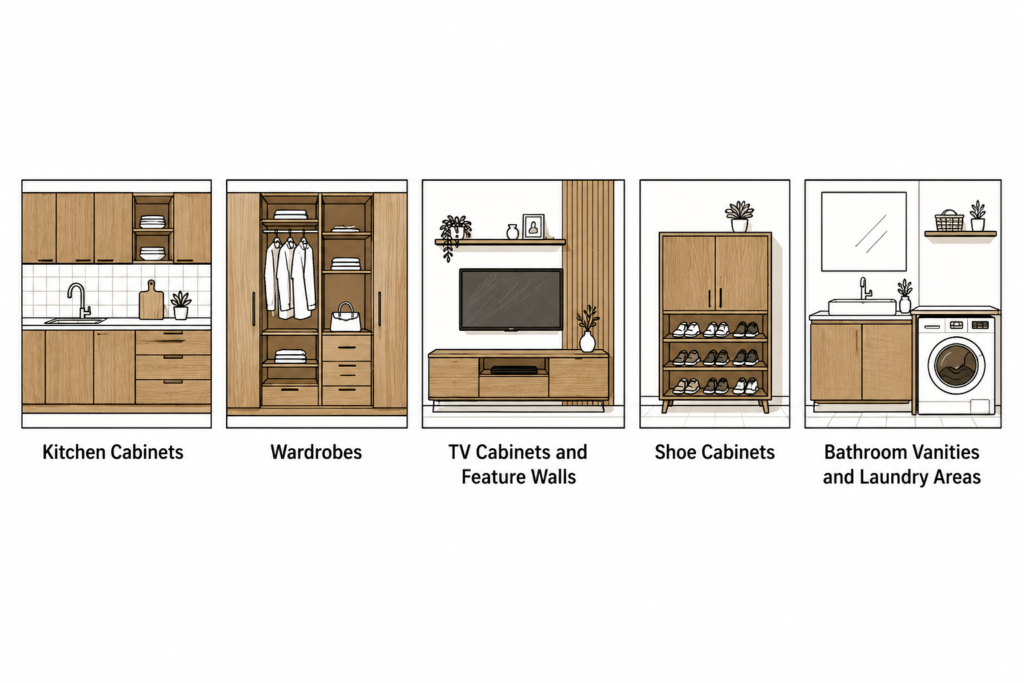 Plywood use areas at home, including kitchen cabinets, wardrobes, TV cabinets, shoe cabinets, bathroom vanities, and laundry areas.