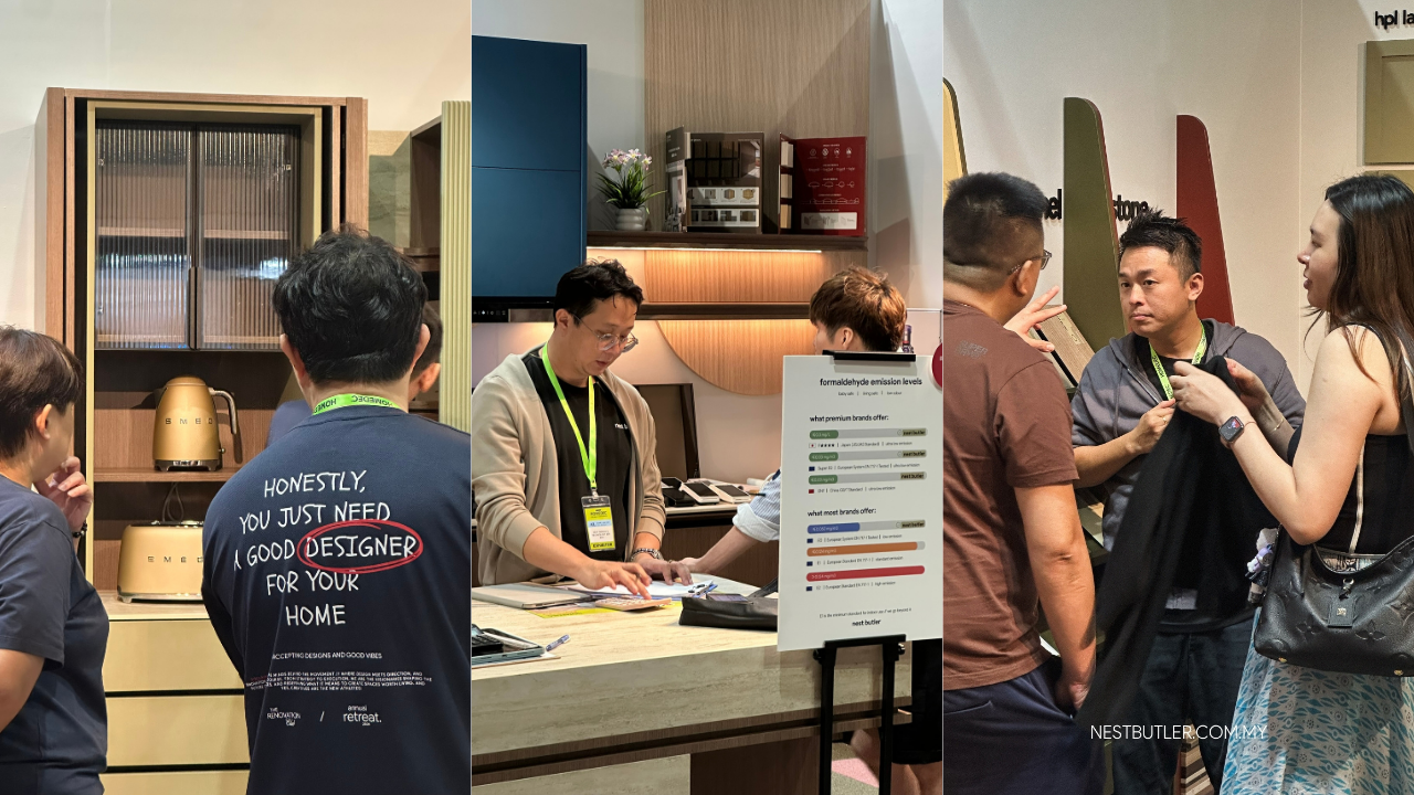 Visitors exploring a modern kitchen cabinet display and speaking with design representatives at Nest Butler HOMEDEC APR 2026