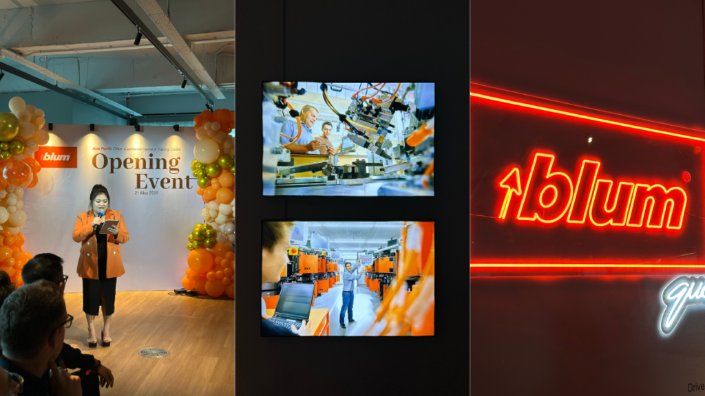 Blum Asia Pacific grand opening event featuring an opening speech, manufacturing displays, and illuminated Blum branding.