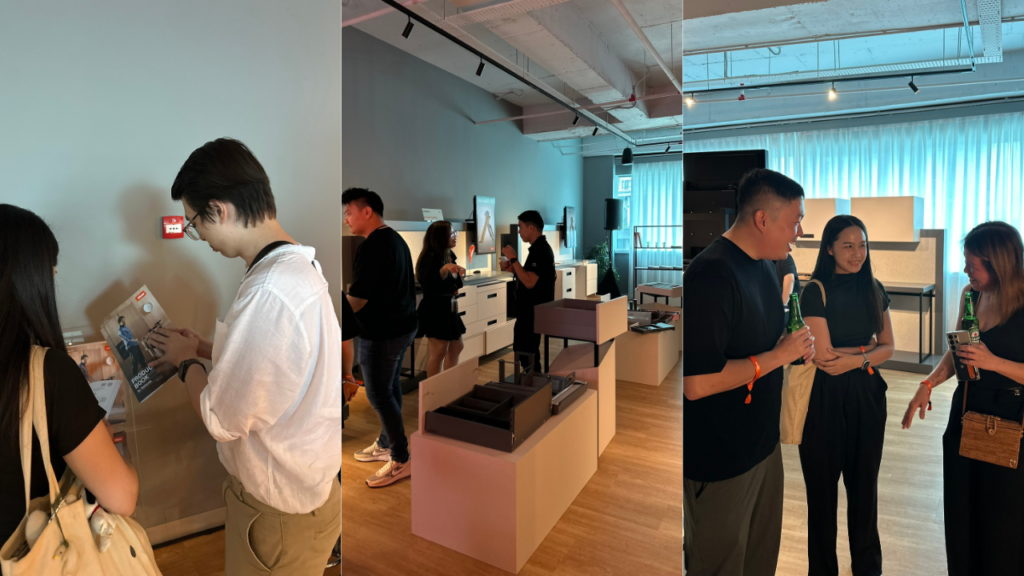 Guests exploring Blum furniture solutions and connecting with representatives from different interior and furniture brands.