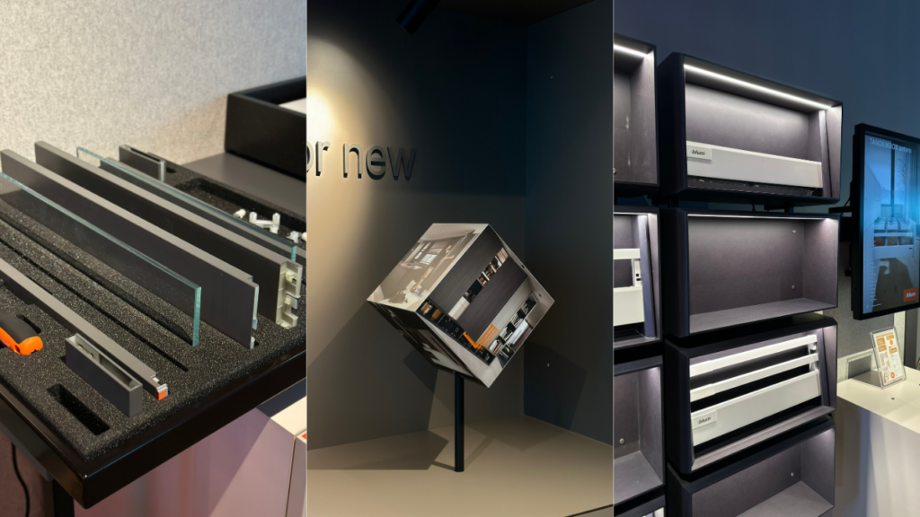 Blum showroom displays featuring furniture fittings, drawer systems, and product presentation areas.