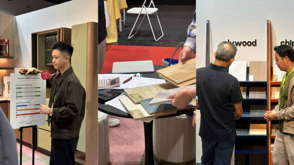 Nest Butler team introducing low-formaldehyde cabinetry materials and explaining material options to visitors at HOMEDEC APR 2026. 